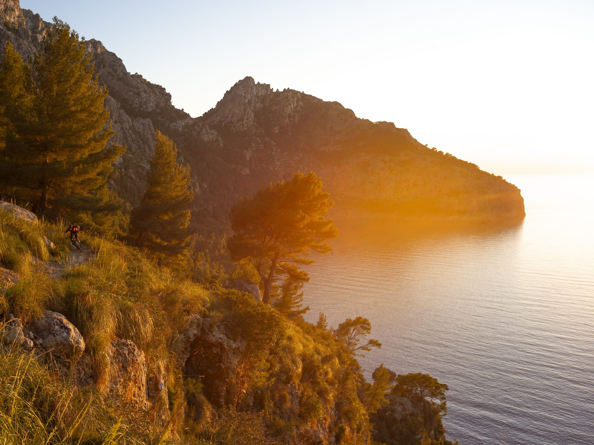 Mountain landscape at sunset with a cyclist on a grassy trail, overlooking the sea and rocky cliffs, capturing adventure and nature scenery. Mountain Bike United.